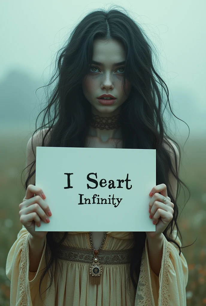 Beautiful girl zombie with wavy long hair, bohemian dress, holding a white board with text "I Love Seaart Infinity" and showing it to the viewer photo style 90s