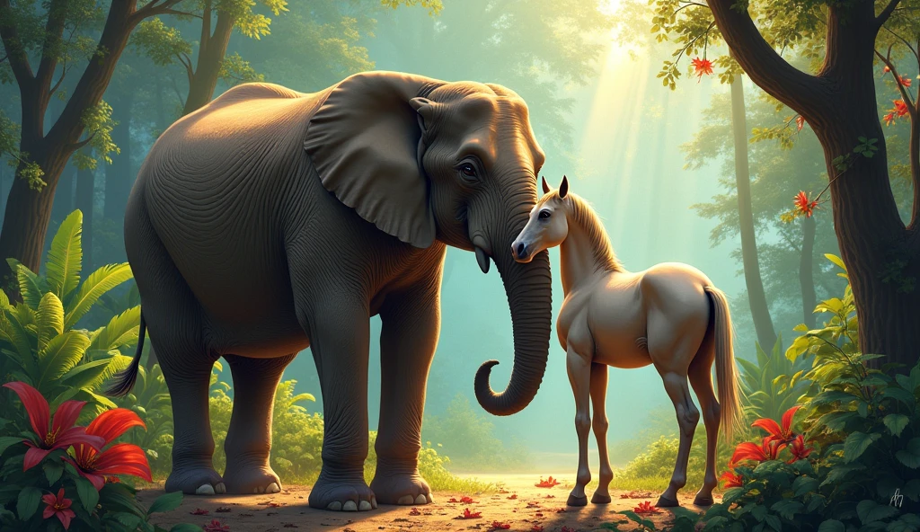 1. **”A majestic elephant and a sleek horse standing side by side in a vibrant jungle, with their friendship evident in their expressions.”**