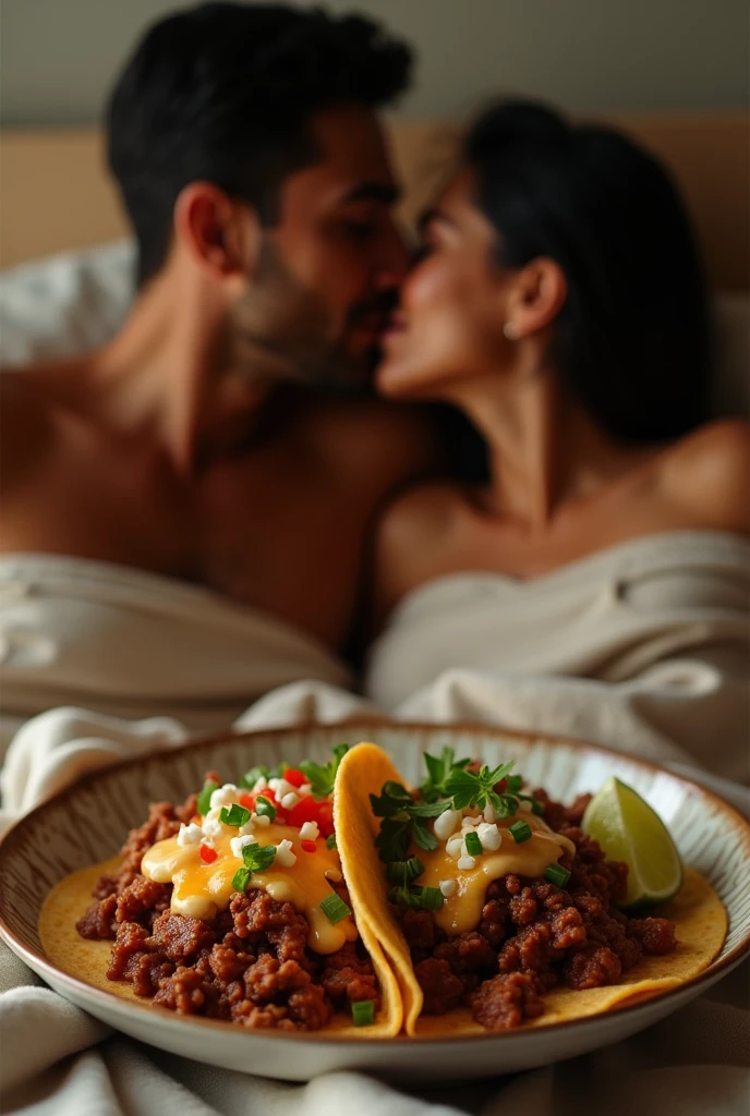 Mexican couple in bed, eating marinated beef birria tacos, looking at each other with loving eyes