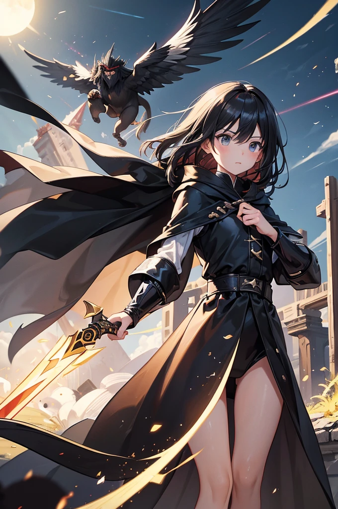 an angel with a black winged cloak holding his lightning sword is fighting with a stealthy ape sun go kong with his war cloak, like being in a heavenly castle that is falling apart