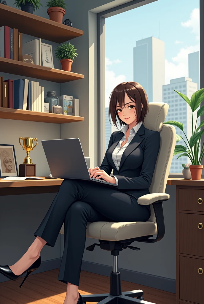 Draw a matured woman that customizing as a successful entrepreneurship with backgrounds of an office and sitting on the office chair doing and make it more like an anime