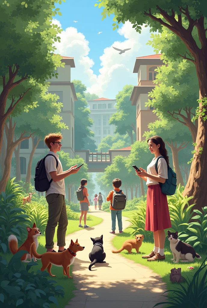 Create an image of a good relationship with animals and university humans

