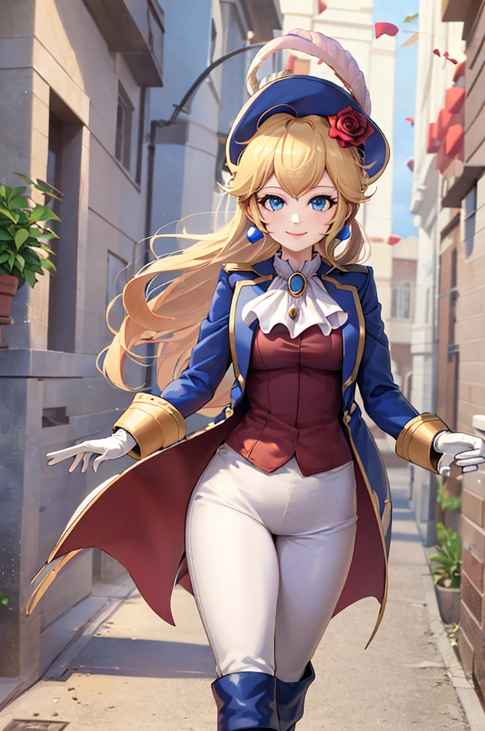 ((masterpiece,best quality)), absurdres, Swordfighter_Peach, solo, 1girl, hat, blonde hair, blue eyes, jewelry, earrings, long hair, rapier, hat feather, pants, ascot, red rose, hat flower, ponytail, tight white pants, white gloves, boots, blue jacket, long sleeves, smiling, looking at viewer, cowboy shot,  cinematic composition, (shibari, arms behind back:1.6), (full mask otn gag), (full body view, full body shot, standing)