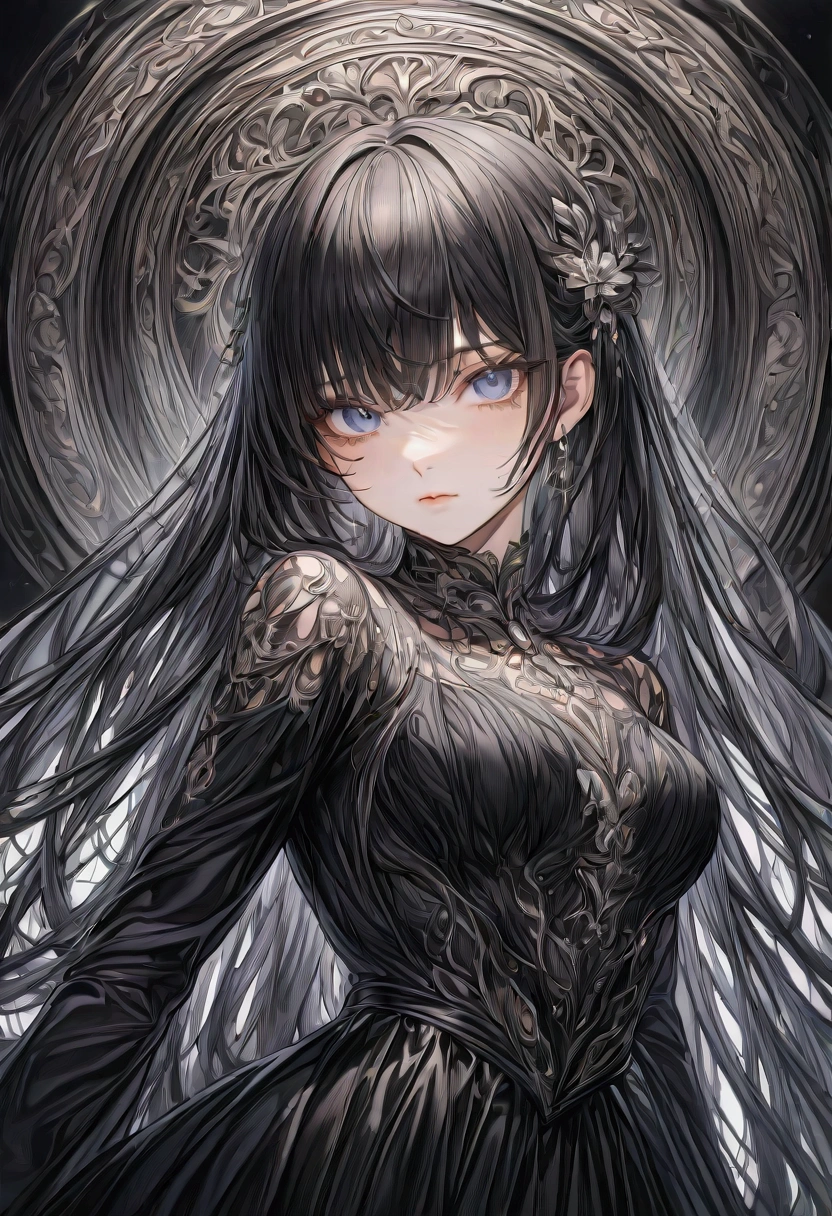 ((Masterpiece)) ((best quality)) ((ultra-detailed )) ((ultra sharp)) ((4k)).Anime girl with long black  hair , black eyes with hourglass shaped build, 
