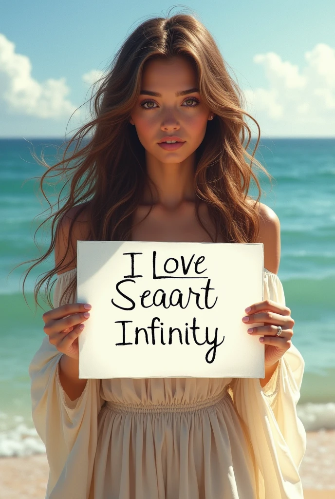 Beautiful girl with wavy long hair, bohemian dress, holding a white board with text "I Love Seaart Infinity" and showing it to the viewer