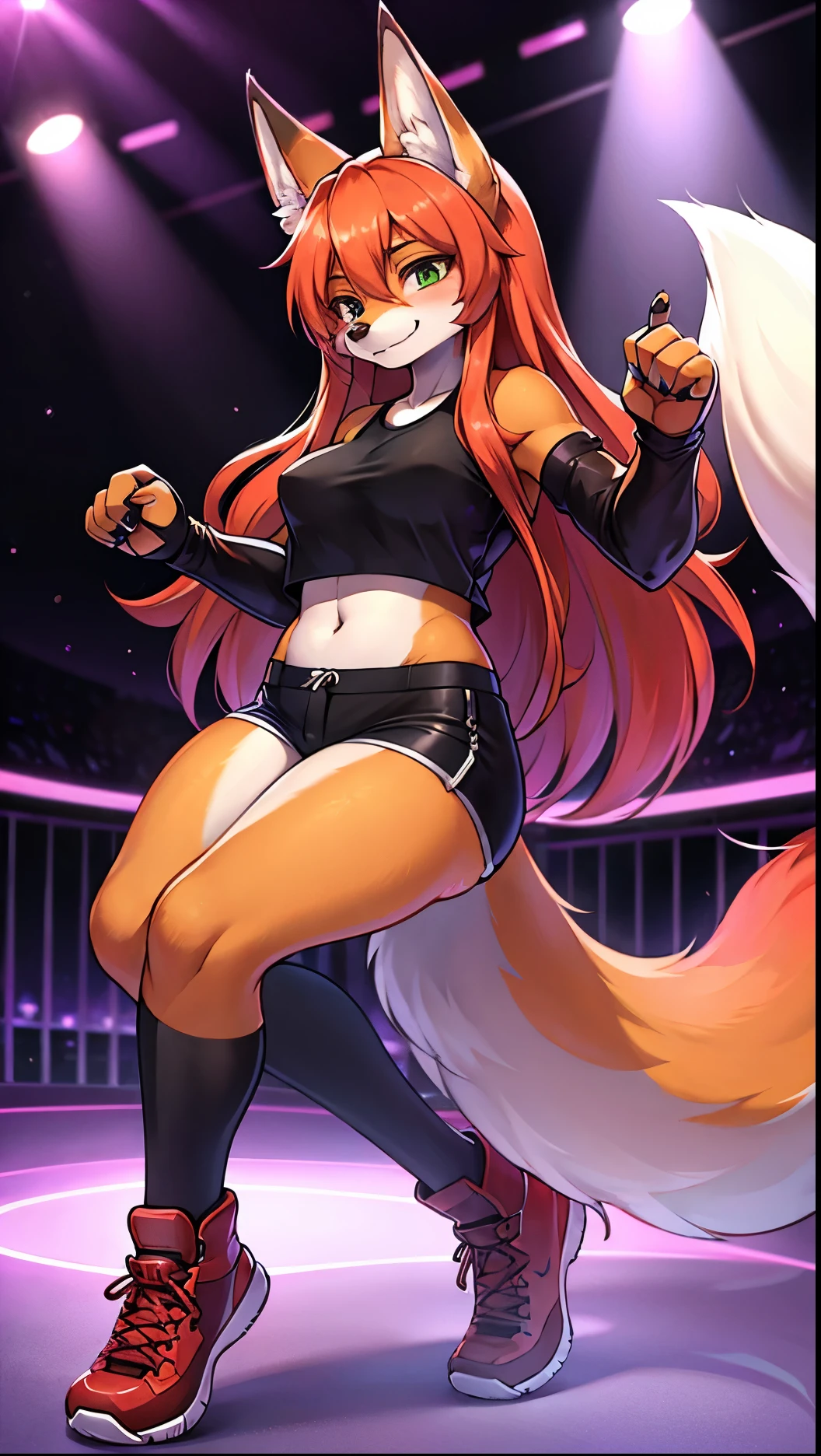 masterpiece, Best quality, fox, high, long hair, in a tight short top with separate sleeves, in break-dancing pants, wear fingerless gloves, standing in a nightclub