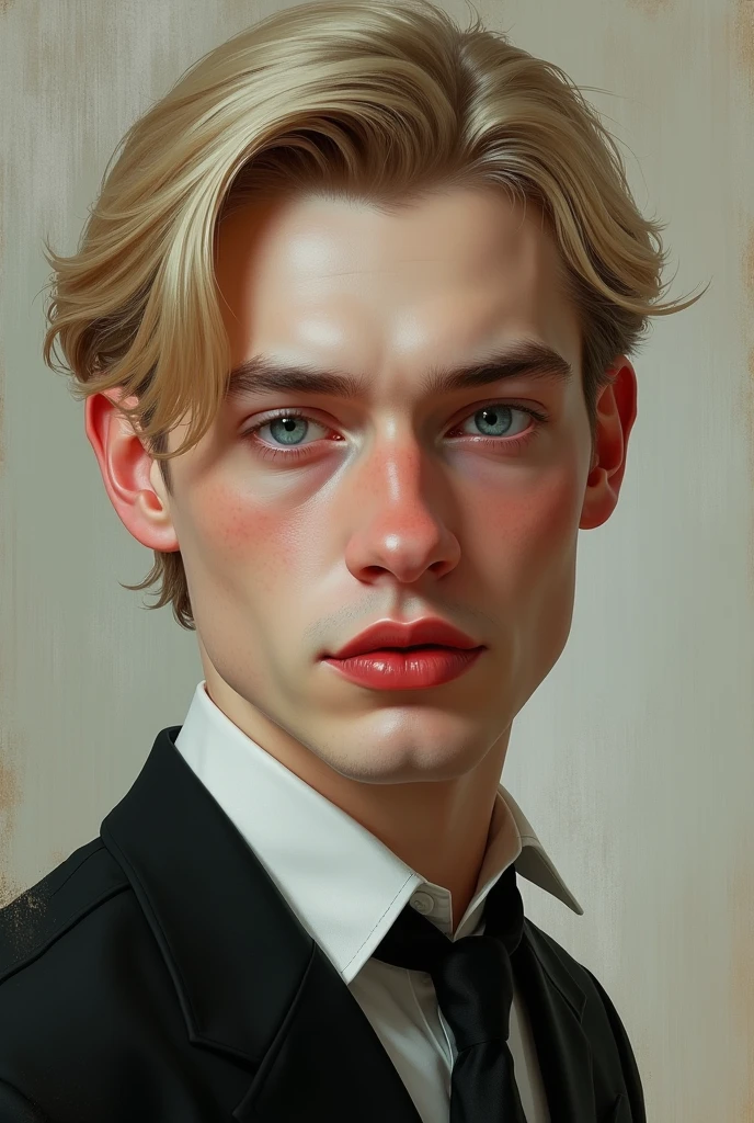 kor: 25 years old Height: 1,89 Physical constitution: Scrawny, but with defined muscles Skin color: Polish white, with evident Russian features Eyes: clear eyes, expressive and captivating Hair: blondie hair, 20th century straight and short Plump and red mouth Masterpiece, 8k, painting-like, handsome man.