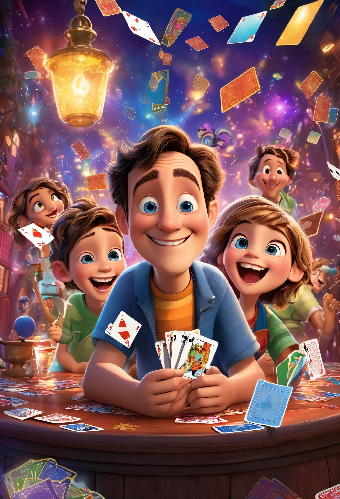 (wide amgle:1.2),(bright and vibrant colors), (highres), (realistic:1.37), Disney Pixar Movie poster, (art by Kevin James), skinny, no muscle, (55 years old man and his son),father and son, (beautiful detailed eyes:1.1), (beautiful detailed lips:1.1), smiling with a warm expression, (charming appearance:1.1), (professional lighting), (ultra-fine rendering), upper body shot, (expressive facial features:1.1), (playing card game), (holding cards:1.5), surrounded by magical elements representing different Pixar movies, (dynamic composition), (whimsical details), (playful characters), vibrant background, filled with color and joy, (3D render), (fantastical art style), (nostalgic aesthetic), (attention to detail:1.1).