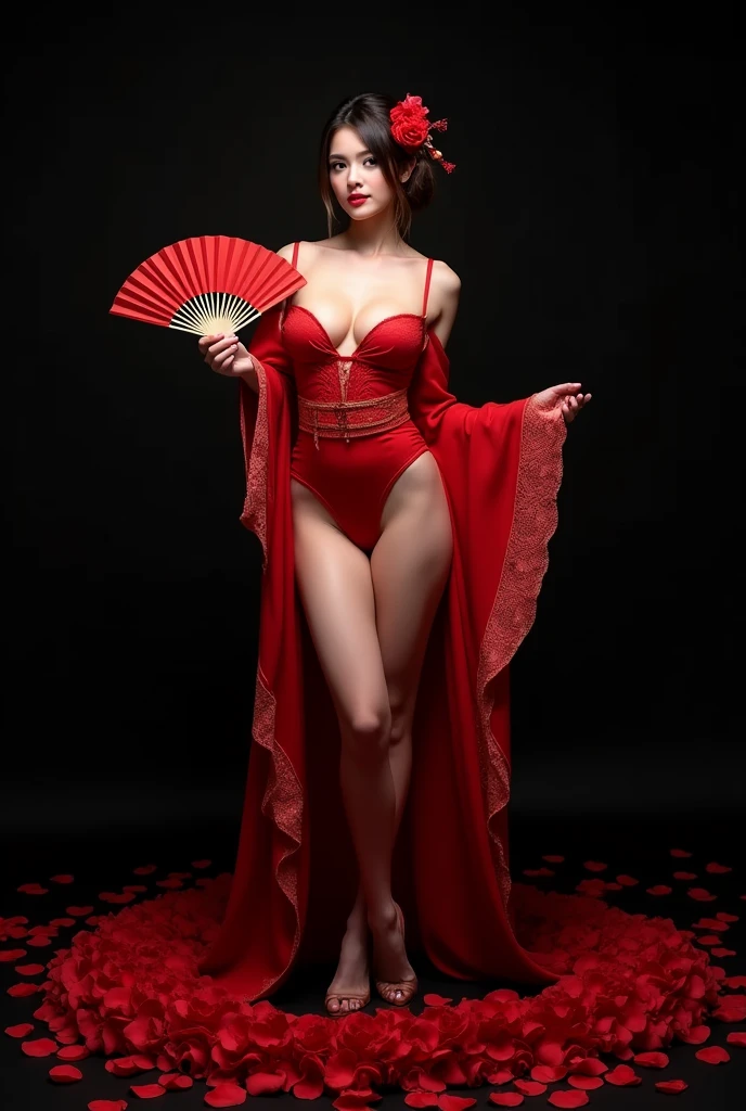 Red kimono open shoulders open legs beautiful breasts stockings black background red rose petals lace fan wind bottom view