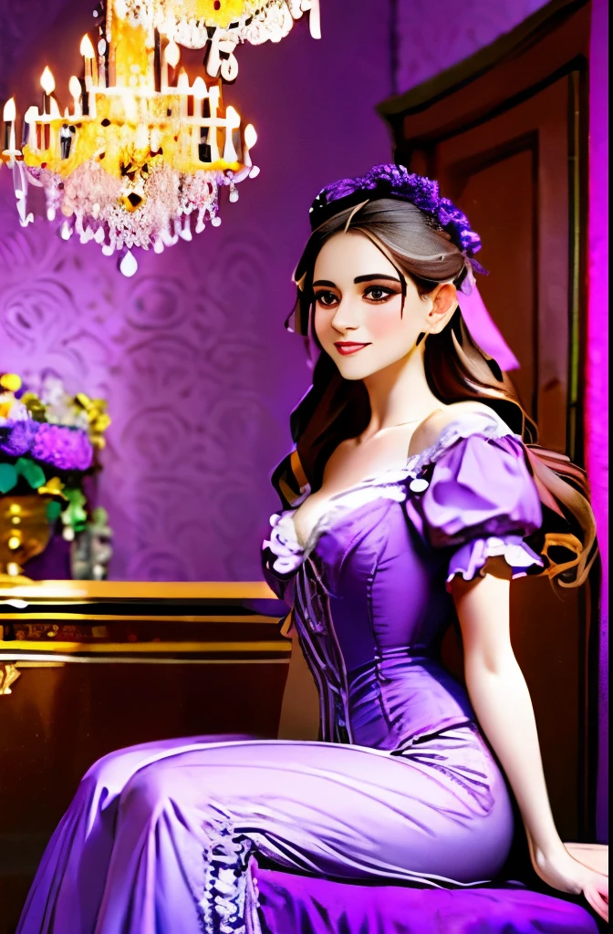 araffe sitting on a bed in a purple room with a chandelier, victorian room, miss aniela, boudoir, draped in purple, victorian setting, inspired by Evgeny Lushpin, in victorian aristocrat, dreamy atmosphere and drama, inspired by James Tissot, victorian style, in a bedroom, inspired by Pierre Auguste Cot, inspired by Thomas Stothard