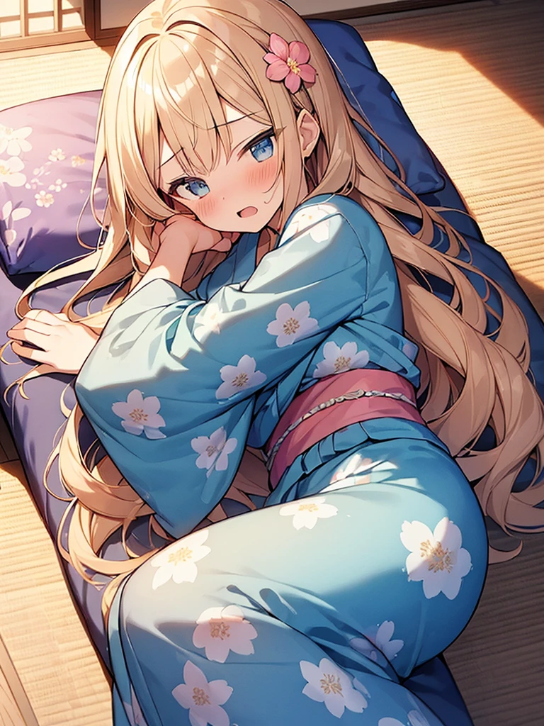 (Masterpiece, Top quality:1.5), nsfw, (dynamic angle:1.2), (1 beautiful girl, solo:1.2), (lie on tatami:1.2), Blonde, medium Hair, wavy Hair, asymmetry bangs, swept bangs, airy hair, large breasts:1.2, , (flower printed blue yukata :1.3), shy:1.1, (blush:1.4), beautiful scene of indoor, arms up:1.2, open mouth