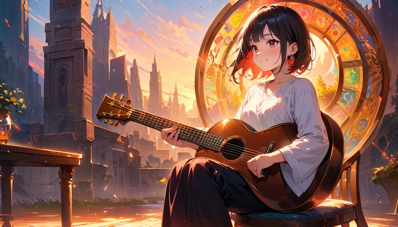(Highest quality,4K,8k,High resolution,masterpiece:1.2),Very detailed,Realistic,Transparent Acoustic Guitar Sculpture,sunset,Sunlight reflecting off a guitar,Body Details,Delicate strings,Vibrant color palette,Sculpting Tools,Hourglass Shape,Sound hole,Elegant Curves,Polished surface,Delicate carving,Light and shadow effects,Subtle reflection,Sparkling Surface,A girl sitting on a chair,8 year old child、Harmony between nature and art,Perfect craftsmanship,Transcendental beauty,Awe-inspiring works of art、Outdoor、short hair、Earrings、White shirt、Great smile、the way、