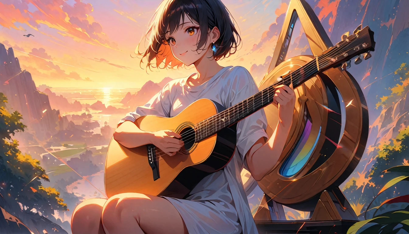 (Highest quality,4K,8k,High resolution,masterpiece:1.2),Very detailed,Realistic,Transparent Acoustic Guitar Sculpture,sunset,Sunlight reflecting off a guitar,Body Details,Delicate strings,Vibrant color palette,Sculpting Tools,Hourglass Shape,Sound hole,Elegant Curves,Polished surface,Delicate carving,Light and shadow effects,Subtle reflection,Sparkling Surface,A girl sitting on a chair,8 year old child、Harmony between nature and art,Perfect craftsmanship,Transcendental beauty,Awe-inspiring works of art、Outdoor、short hair、Earrings、White shirt、Great smile、the way、
