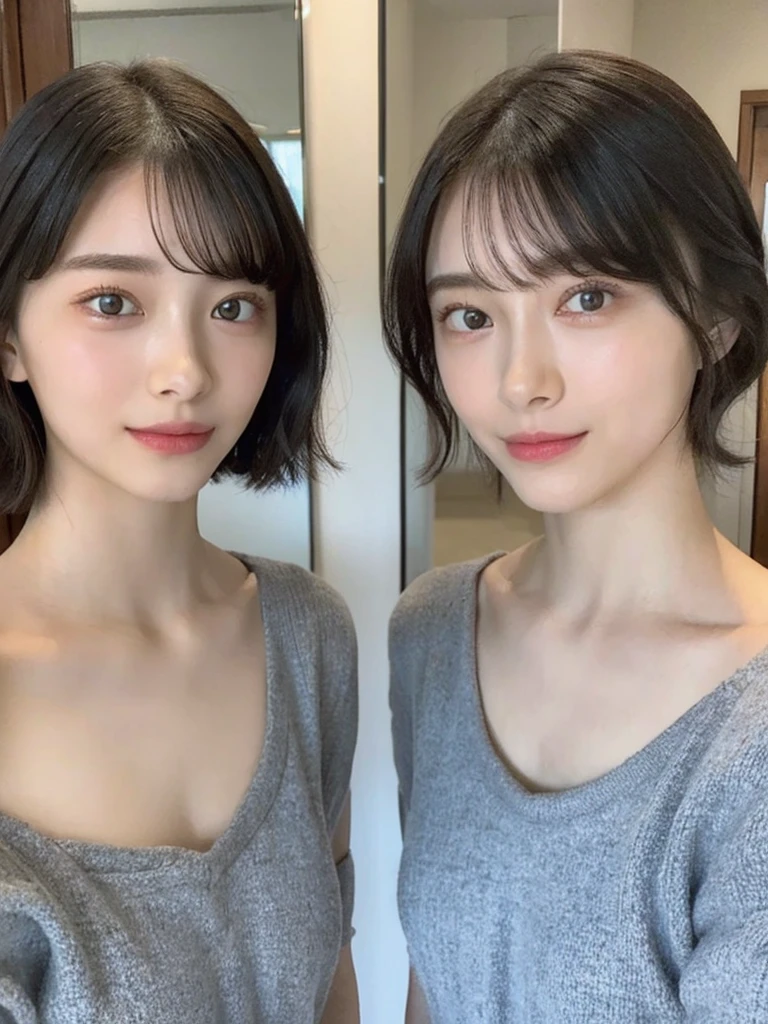 (masterpiece:1.3), (8k, Photoreal, Raw photo, best image quality: 1.4), Japanese high school girl、(random hairstyle:1.2)、cleavage:1.5、super detail face、eye for details、double eyelid、chest to chest、sharp focus:1.2、Beautiful woman:1.4、light brown hair、highest quality、masterpiece、超A high resolution、(Photoreal:1.4)、Highly detailed and professionally lit smiles、loose and light knitwear、shoulder out、thin、serious expression、short haired、deadly position
similar identical twins
All the girls have the exact same face, The two have the same face and figure, as if they were mirror images.