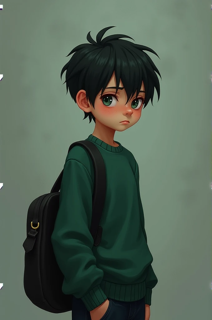 A boy with a green sweater, short messy hair with dark circles under his eyes, a black bag hanging on his left shoulder. 