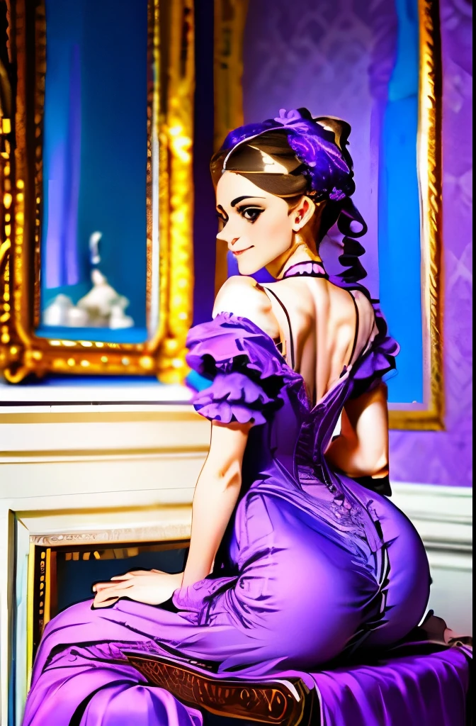 araffe sitting on a bed in a purple room with a chandelier, victorian room, miss aniela, boudoir, draped in purple, victorian setting, inspired by Evgeny Lushpin, in victorian aristocrat, dreamy atmosphere and drama, inspired by James Tissot, victorian style, in a bedroom, inspired by Pierre Auguste Cot, inspired by Thomas Stothard