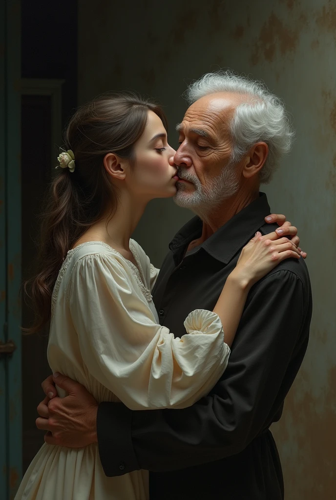 Girl kissing old man