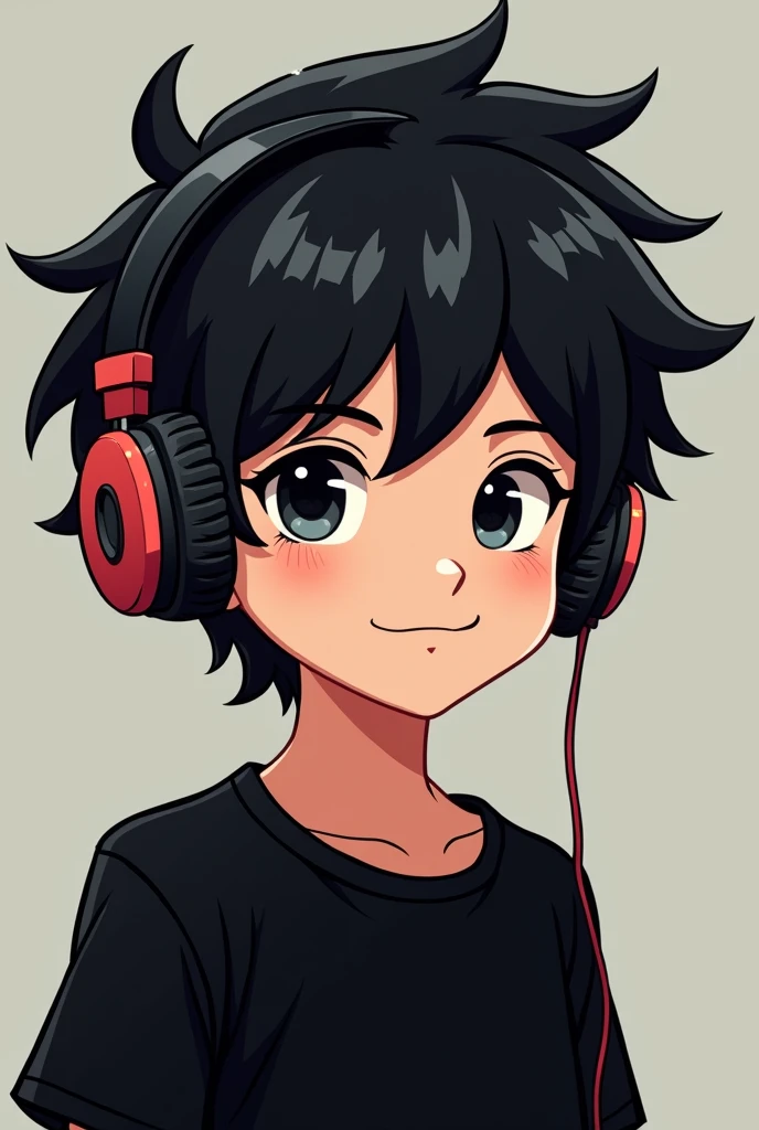 I want a black haired boy with a cartoon style, that he has a black t-shirt and that he has video game headphones