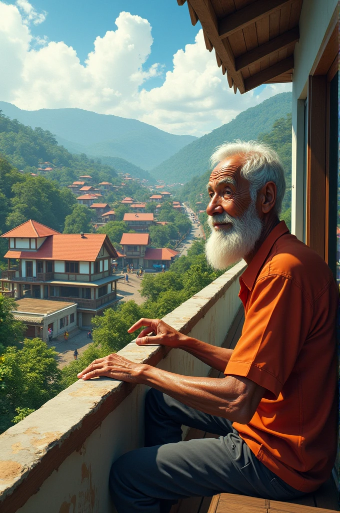 Create an image of an old man sitting in the balcony of his house in a hopeful township of Wayanad Mundakkai landslide survivors.Show resilient people rebuilding their lives, with a backdrop of new, safe homes. Include elements of community support, progress, and a sense of unity, with green landscapes and modern infrastructure symbolizing a hopeful future amidst the struggles and losses.
