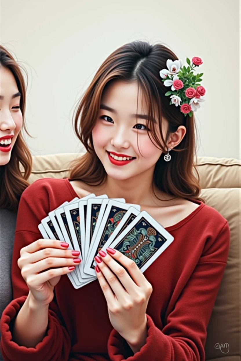 a couple of women sitting on top of a couch holding playing cards, a picture, by Jang Seung-eop, crypto, she is smiling, 💣 💥💣 💥, detailed image, playing card back, ad image, bright contrast, profile picture