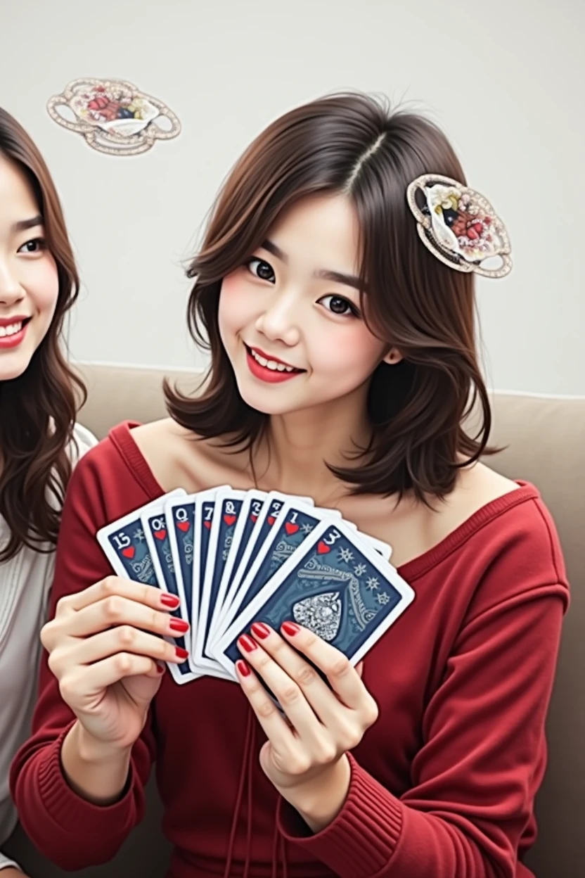 a couple of women sitting on top of a couch holding playing cards, a picture, by Jang Seung-eop, crypto, she is smiling, 💣 💥💣 💥, detailed image, playing card back, ad image, bright contrast, profile picture
