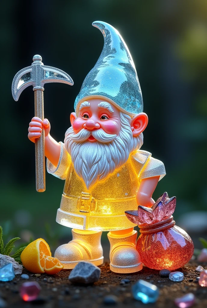 diamond cut in the shape of a gnome drinking lemonade and holding a pickaxe add shiny precious stones around it add a bag full of crystals next to it
