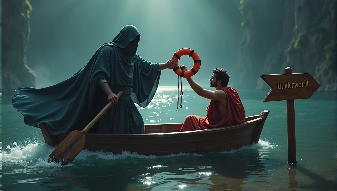 Background is a Depiction of Charon crossing the river Styx with the deceased.Charon/Spectre of Death, rowing a boat on river styx handing a life jacket to Roman passenger add the words [[safety first]] in greek/roman style font. put a wooden arrow shaped sign with the word [[underworld]] in the ground.

