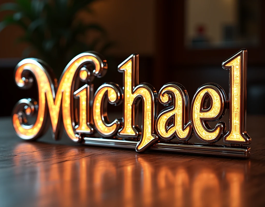 (text:"Michael") The word, Art Nouveau polished rounded chrome and glowing coloured glass text, front face view on flat wooden background, photorealistic, cinematic, reflections, emblem logo badge sign,