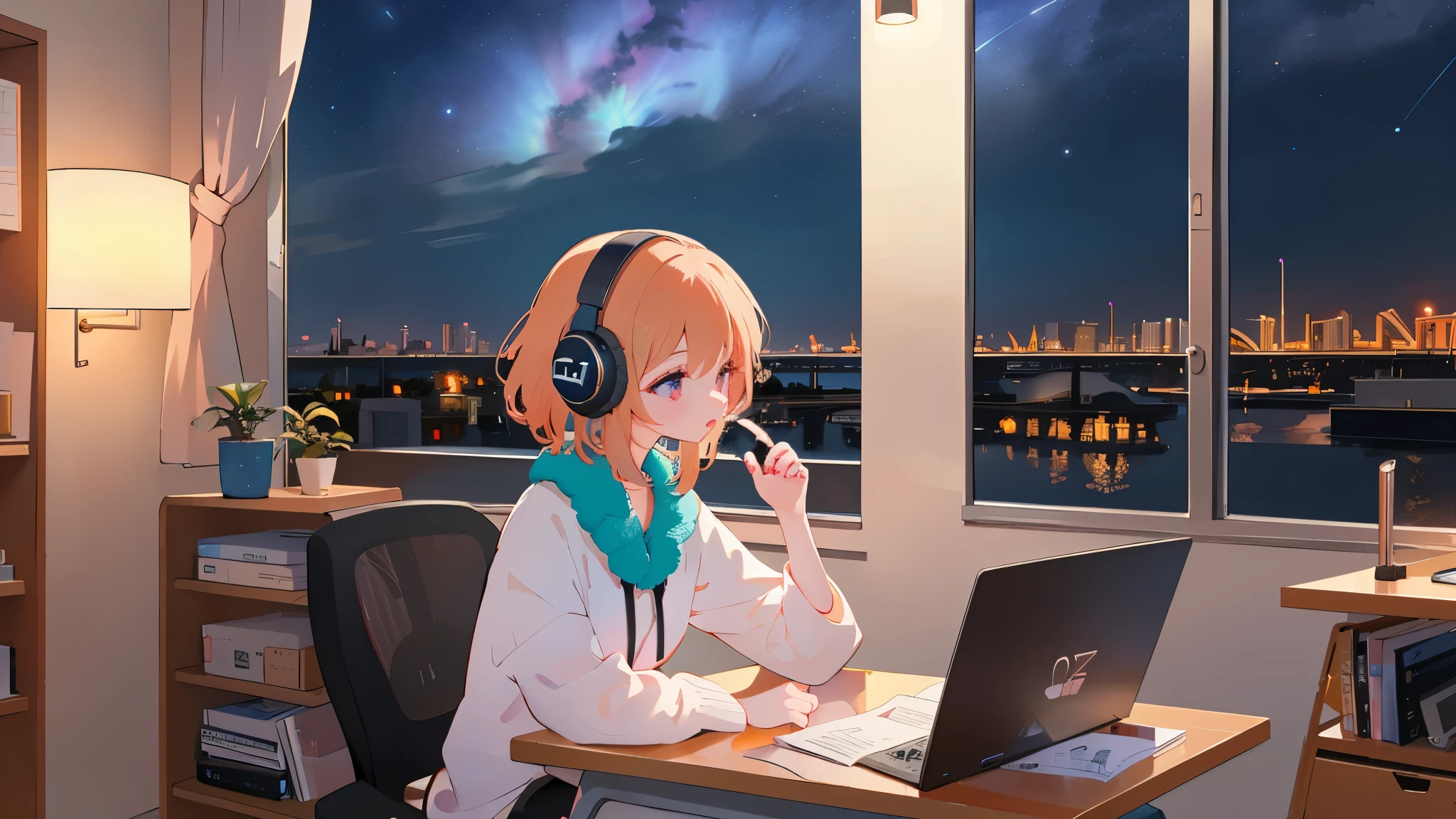 one girl study on a desk while listening to jazz on headphones with night sky in the background