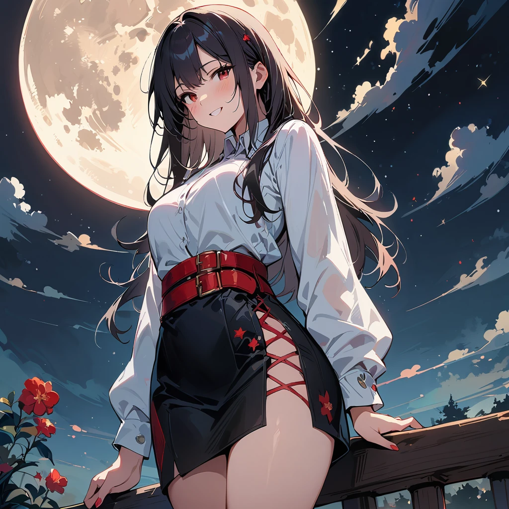 masterpiece, best quality, detailed, 1 Girl, Solitary, night sky, outdoor, Full Moon, Star, cloud, night,, Dark Sakura, (Black skirt), Long hair, Smile, Red belt, Striped, thigh