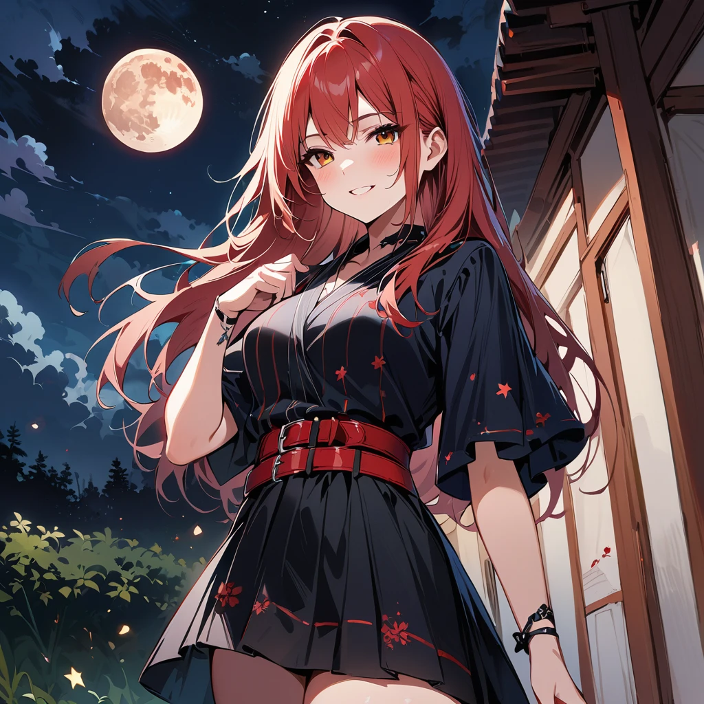 masterpiece, best quality, detailed, 1 Girl, Solitary, night sky, outdoor, Full Moon, Star, cloud, night,, Dark Sakura, (Black skirt), Long hair, Smile, Red belt, Striped, thigh