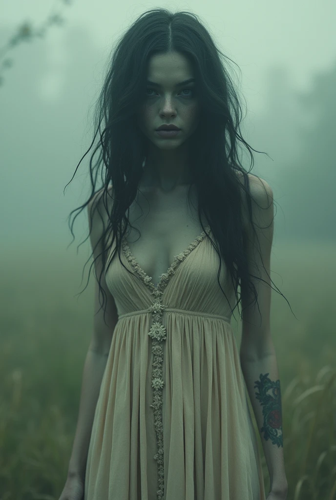 Beautiful girl zombie nude with wavy long hair, bohemian dress, and showing it to the viewer filter photo 90s
