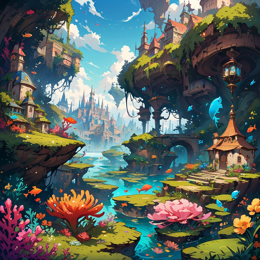 color (fantasy: 1.2), (Miyazaki style), (Irregular buildings floating on the seabed), Patchwork cottage, Moss decorations, coral, lamp, Concept art inspired by Andreas Rocha, Artstation Contest Winners, fantasy art, (Underwater city), Ross Chen, Optical axis, Realistic lighting, masterpiece, high quality, Beautiful graphics, High Detail, masterpiece, high quality, Beautiful graphics, High Detail, --v6