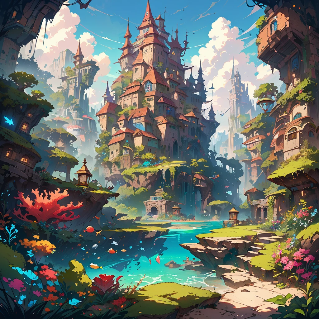 color (fantasy: 1.2), (Miyazaki style), (Irregular buildings floating on the seabed), Patchwork cottage, Moss decorations, coral, lamp, Concept art inspired by Andreas Rocha, Artstation Contest Winners, fantasy art, (Underwater city), Ross Chen, Optical axis, Realistic lighting, masterpiece, high quality, Beautiful graphics, High Detail, masterpiece, high quality, Beautiful graphics, High Detail, --v6