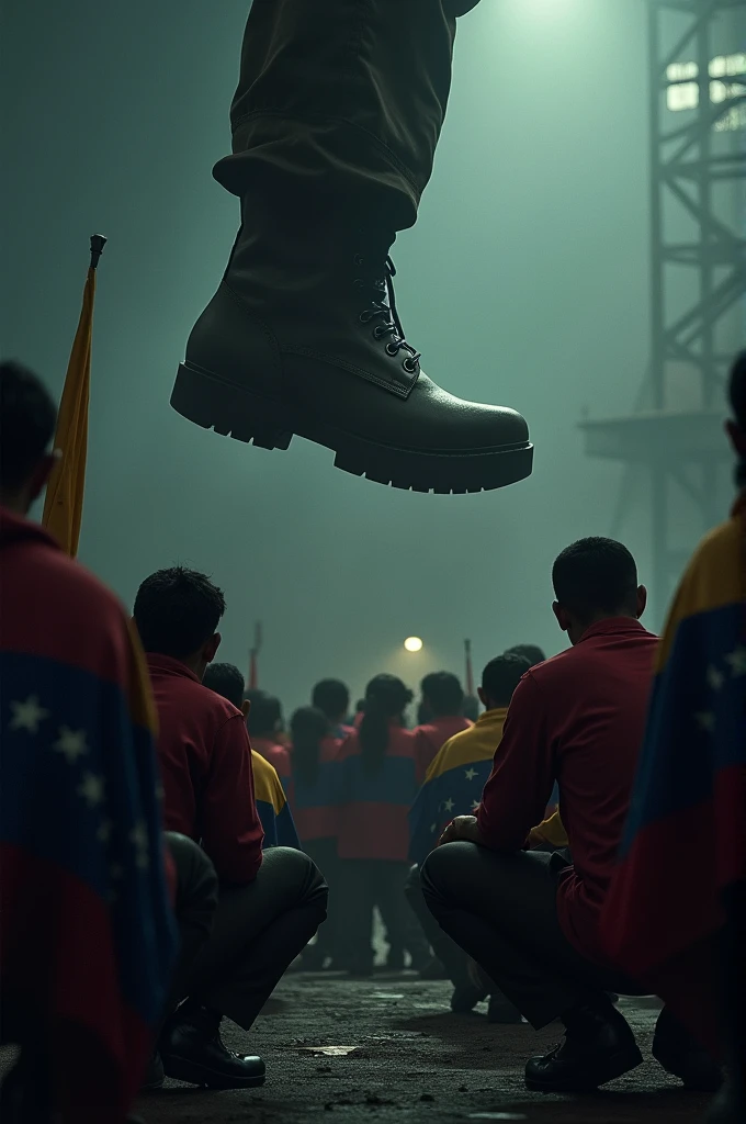 Venezuelans with flags crouching and waiting for something are in the dark and a military boot tries to turn on the light 
