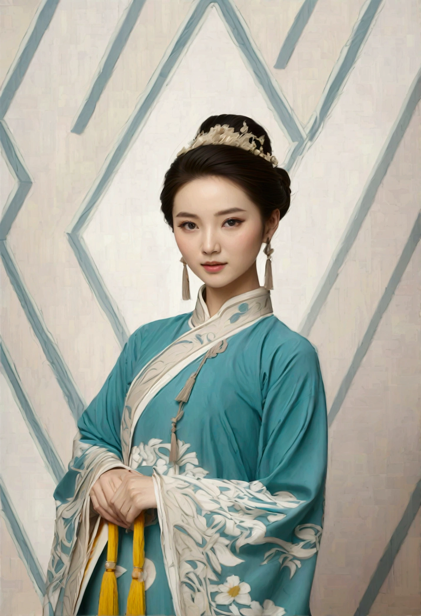 1 girl, Chinese girl 18 years old, very short pixie hair style, ((wearing Chinese traditional style clothing, white shirt, blue jacket, blue pants)), standing next to a dress maker’s dummy, background is a workshop with bolts of fabric, spools of thread, scissors, people working in the background wearing traditional Chinese clothing.