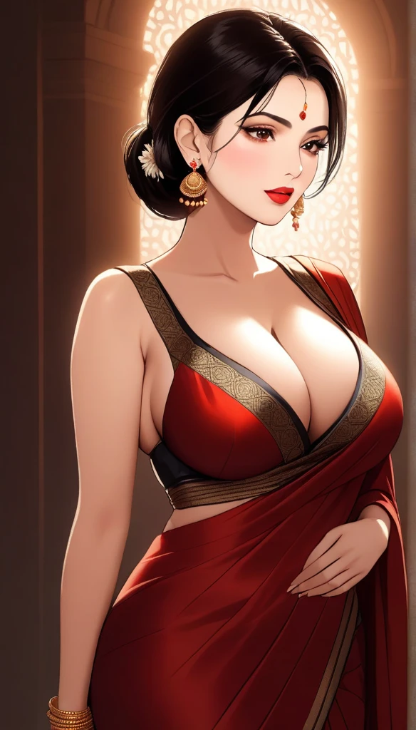 a mature lady with blunt hair, red lipstick,plain  silk saree with intricate patterns, jhumka earrings, saggy breasts, intricate details, high quality, photorealistic, cinematic lighting, warm color tones, elegant portrait,deep cleavage,full body view,