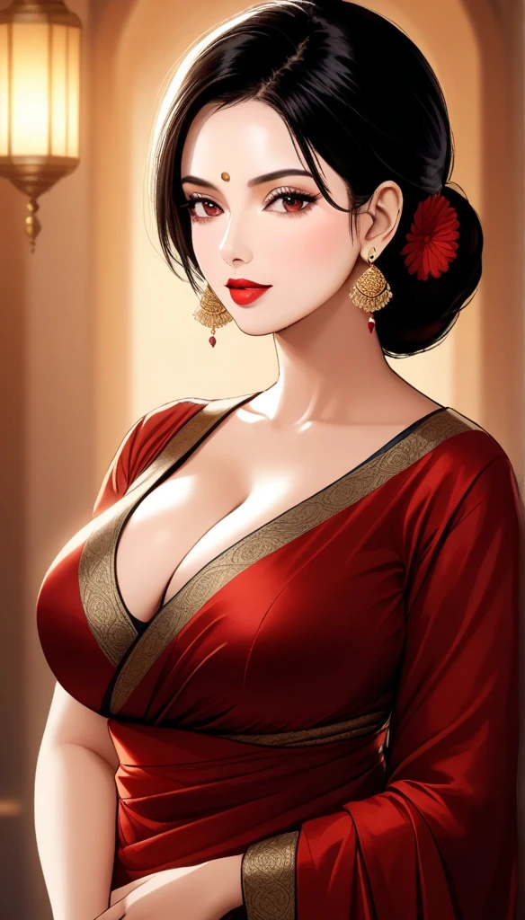 a mature lady with blunt hair, red lipstick,plain  silk saree with intricate patterns, jhumka earrings, saggy breasts, intricate details, high quality, photorealistic, cinematic lighting, warm color tones, elegant portrait,deep cleavage,full body view,