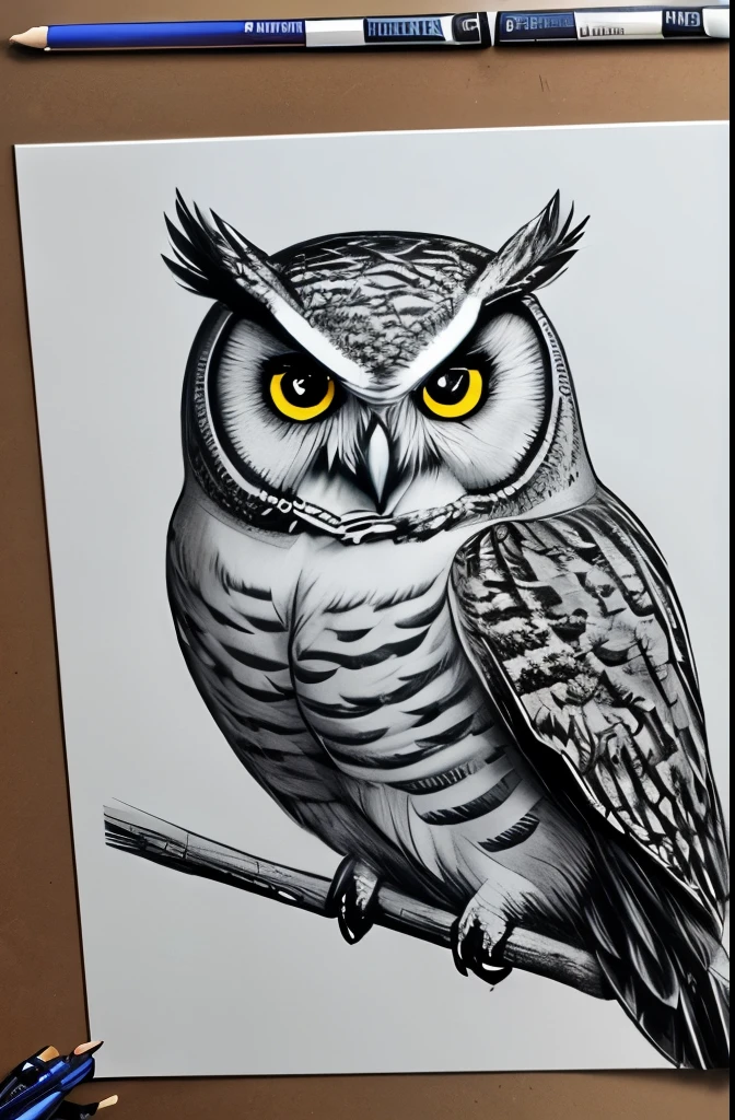 a drawing of an owl sitting on top of a tree branch, a detailed drawing by Caroline Lucy Scott, trending on deviantart, process art, very detailed shading, detailed sketch, very flat shading, extremely detailed shading, detailed but rough, detailed shading, has a very realistic look to it, highly detailed sketch, high detail drawing, detailed sketch drawing, detailed drawing
