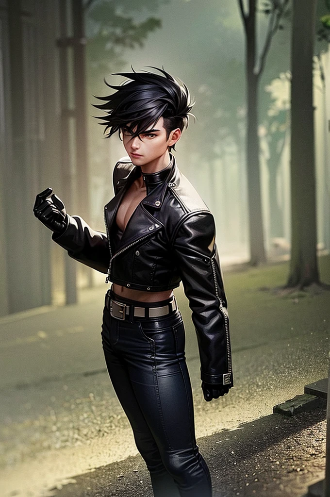 A muscular young man with black hair, wearing a black leather jacket, blue jeans, black motorcycle gloves, a black belt, and black combat boots, is standing in the forest. In his right hand, he holds a black sword engulfed in flames. Anime.
