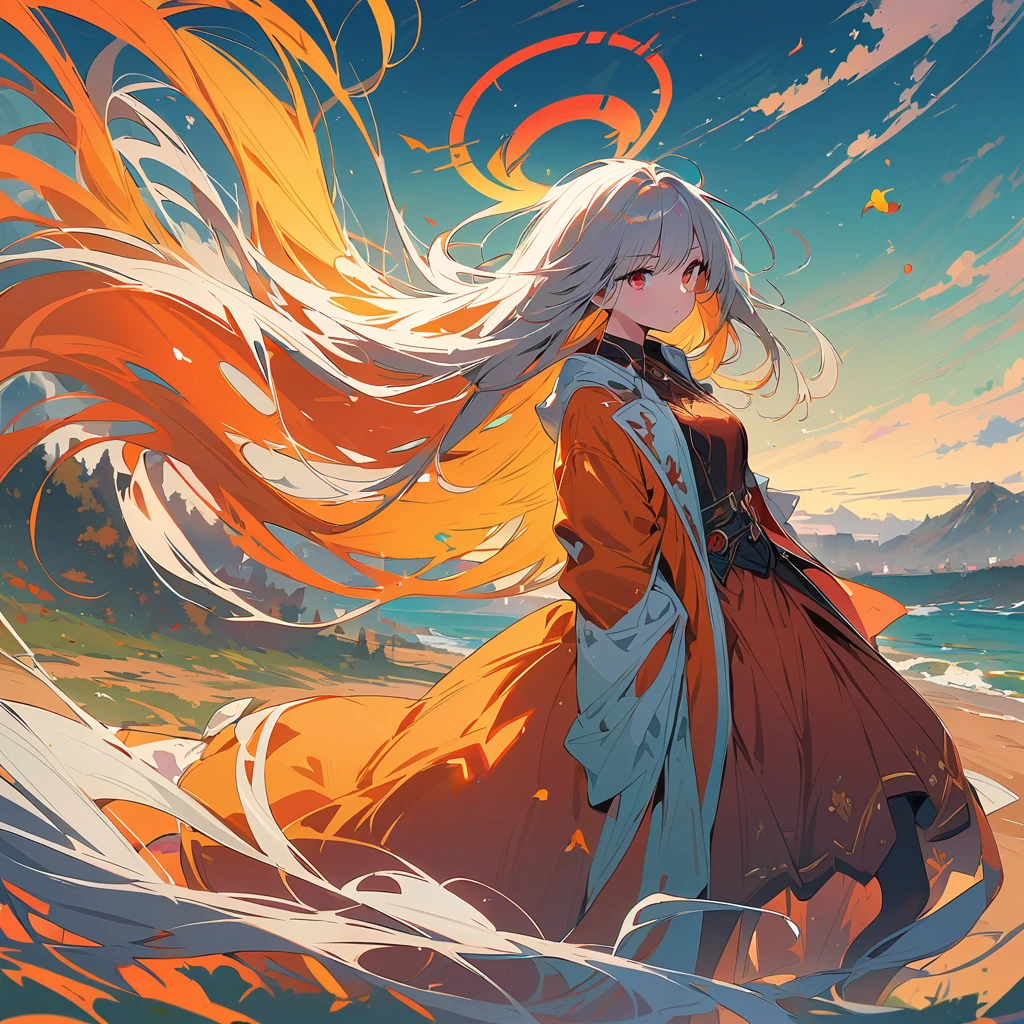 (masterpiece), best quality, Extremely detailed, illustration, Warm lighting, Vibrant colors, 1 Girl, Solitary, Very long hair, Gray hair, Orange Hair, Orange undercoat, Red Eyes, Colored undercoat, Two-tone hair, Ahog, Absurdly long hair, orange Colored undercoat, Colorful hair, Halo, , , Tights, Flowing long hair, wind, Close one eye, staff, skirt, armor, hat, floating,, ,
