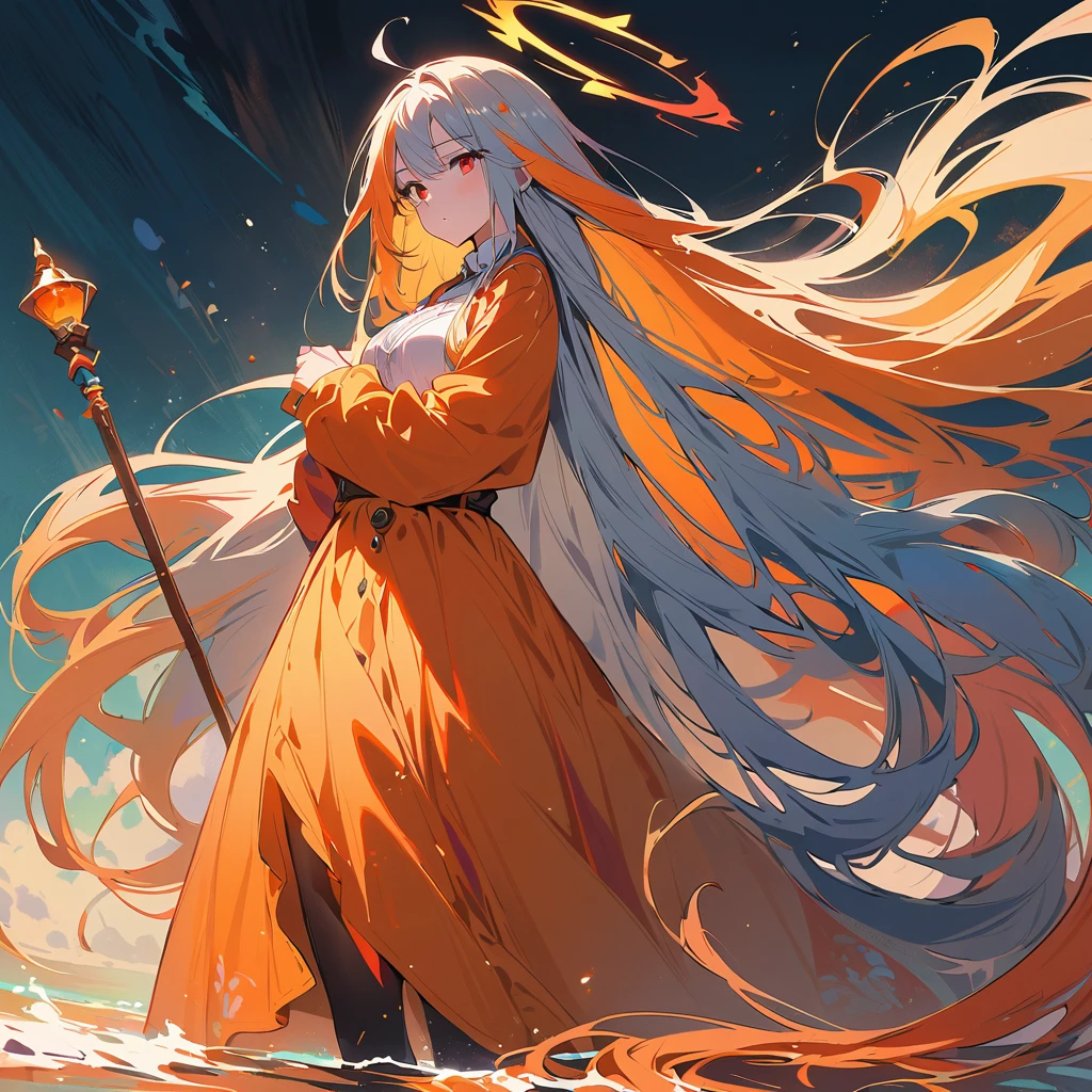(masterpiece), best quality, Extremely detailed, illustration, Warm lighting, Vibrant colors, 1 Girl, Solitary, Very long hair, Gray hair, Orange Hair, Orange undercoat, Red Eyes, Colored undercoat, Two-tone hair, Ahog, Absurdly long hair, orange Colored undercoat, Colorful hair, Halo, , , Tights, Flowing long hair, wind, Close one eye, staff, skirt, armor, hat, floating,, ,