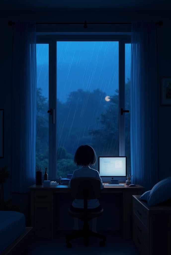   "A dimly lit bedroom with a window showing rain pouring outside. The scene is in dark blue tones, creating a calm and melancholic atmosphere. A computer sits on a desk, turned on, casting a faint glow in the room. The room is decorated in an anime style, with the details of the rain outside visible through the window, reflecting off the wet surfaces. The overall mood is serene and introspective."
 
 