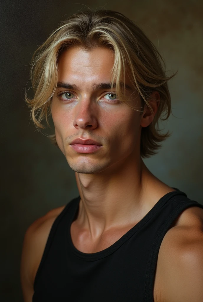 kor: 25 years old Height: 1,89 Physical constitution: Scrawny, but with defined muscles Skin color: Polish white, with evident Russian features, smooth skin Eyes: clear eyes, expressive and captivating Hair: blondie hair, 20th century straight and short Plump and red mouth Masterpiece, 8k, painting-like, photo by full body, handsome man.