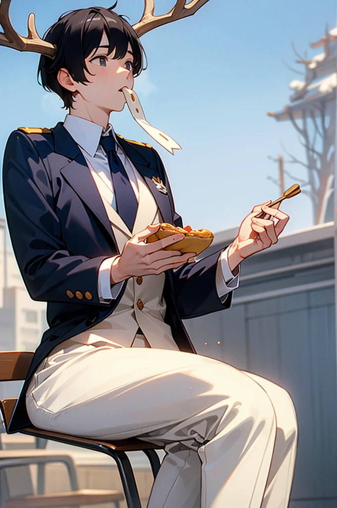 A white male, short black hair, grey eyes, wearing white and navy school male uniform, deer antlers, outside school, eating a sugar cookie.