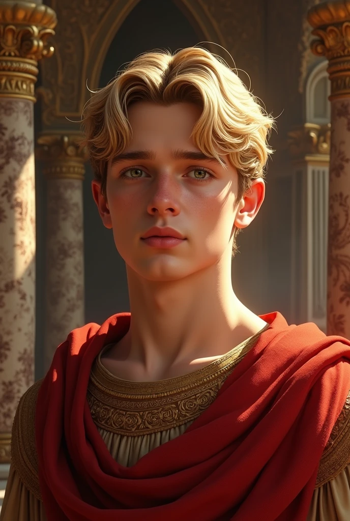 Handsome 18 year old man with blond hair middle parted that goes to his ears who is a Roman emperor