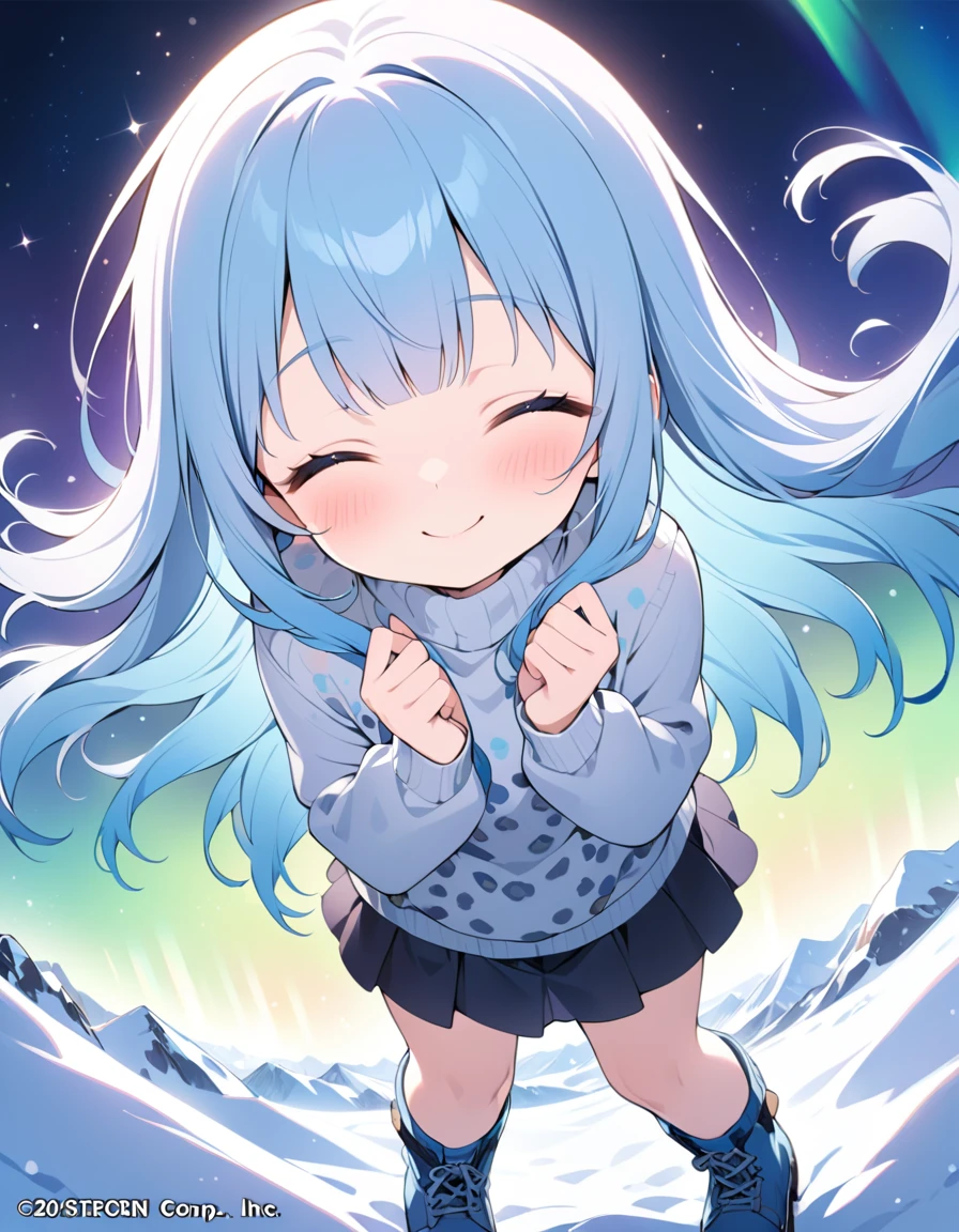 masterpiece, best quality, extremely detailed, (illustration, official art:1.1), 1 girl ,(((( light blue long hair)))), ,(((( light blue long hair)))),light blue hair, , long hair ((blush)) , cute face, (((closed eyes, smile,,))) masterpiece, best quality,(((((a very delicate and beautiful girl))))),Amazing,beautiful detailed eyes,blunt bangs((((little delicate girl)))),tareme(true beautiful:1.2), sense of depth,dynamic angle,, (true beautiful:1.2),,(tiny 1girl model:1.2),)masutepiece、One girl、Winter gear、Antarctic base、Looking up at the Northern Lights. She wears a leopardprint sweater, skirt, and blue boots. SPARKLE; GLITTER