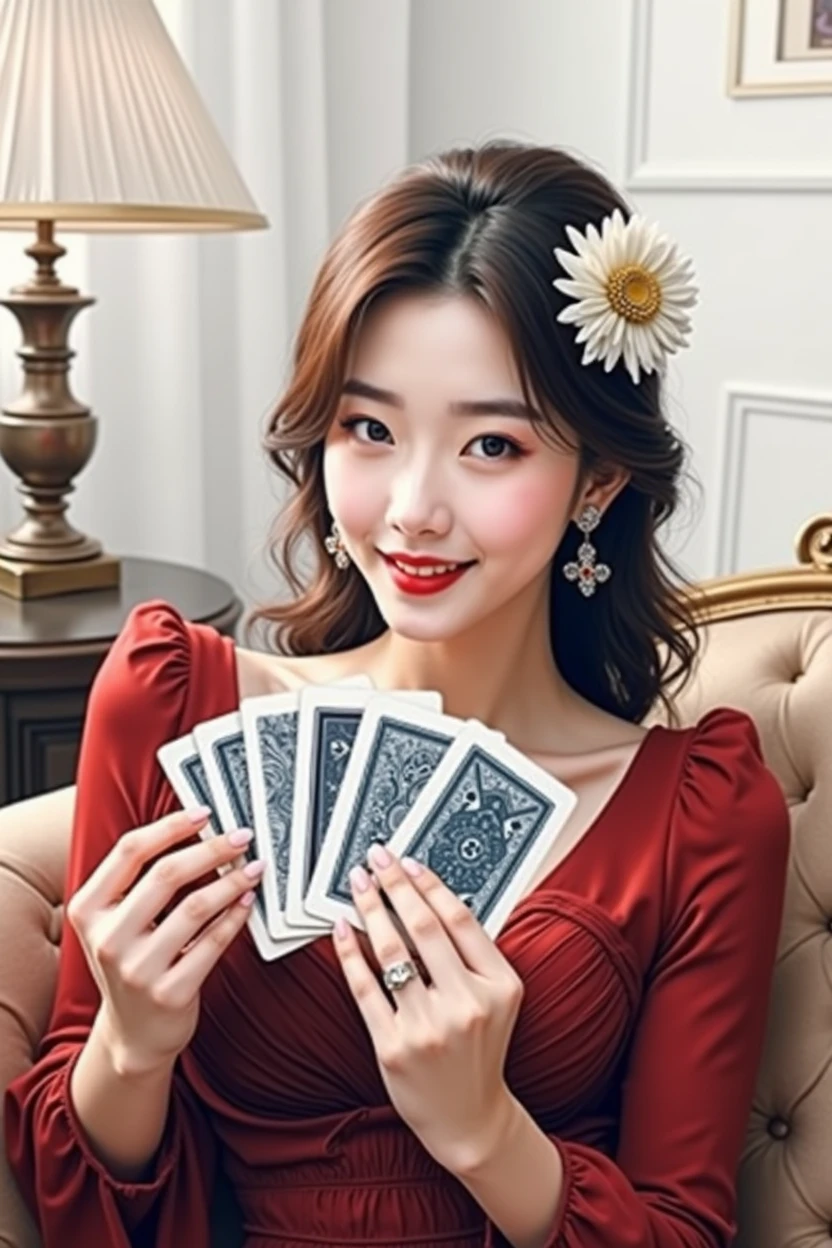 ヤォト、フォトリアリスティック、a couple of women sitting on top of a couch holding playing cards, a picture, by Jang Seung-eop, crypto, she is smiling, 💣 💥💣 💥, detailed image, playing card back, ad image, bright contrast, profile picture