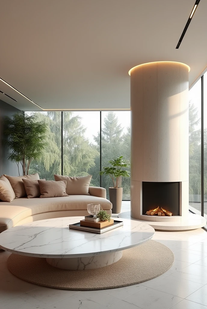 Professional 3d architecture rendering design of modern and minimal big curve very light  beige velvet sofa and white marble slab stone middle table and  modern ceiling lighting and modern windows and beautiful curtains and white marble slab stone modern fireplace and modern green space and modern and elegant accessories 