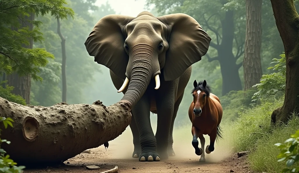 2. **”A strong elephant using its trunk to lift a large fallen tree while a nimble horse helps by running around it, both working together to clear the path.”**